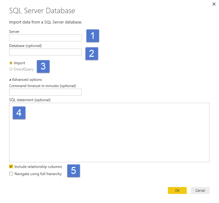 Power BI SQL Server dialog box